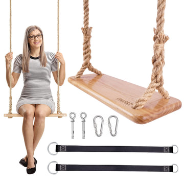 Hanging Wooden Tree Swing with Adjustable Hemp Rope and Tree Straps