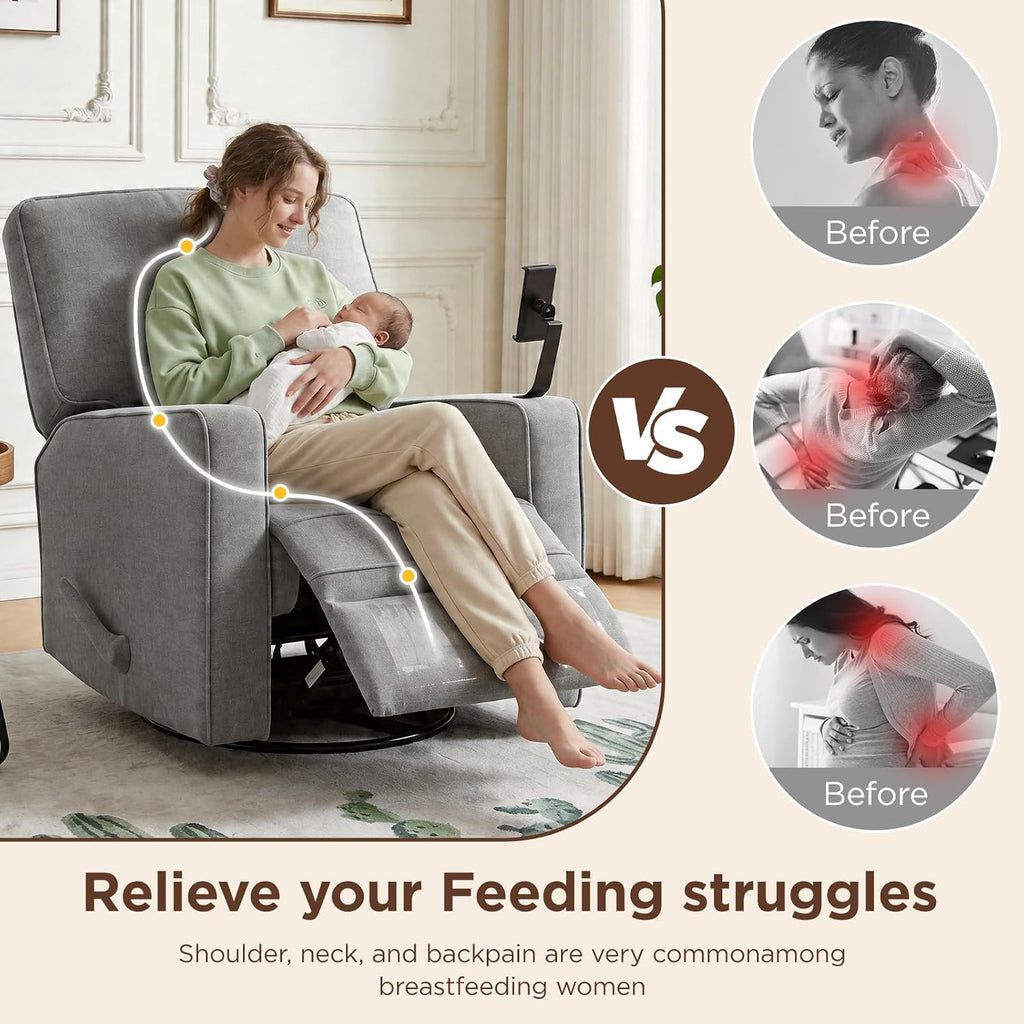 360° Swivel Rocker Recliner Chair with Adjustable Footrest, Rocking Chair Nursery with Phone Stand & Cup