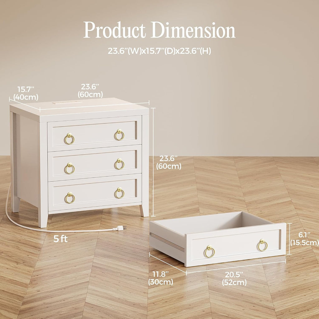 Paint Night Stand with Charger Station and USB-C Port, 3 Drawer Nightstands Set of 2, Larger Wider Bedside Table