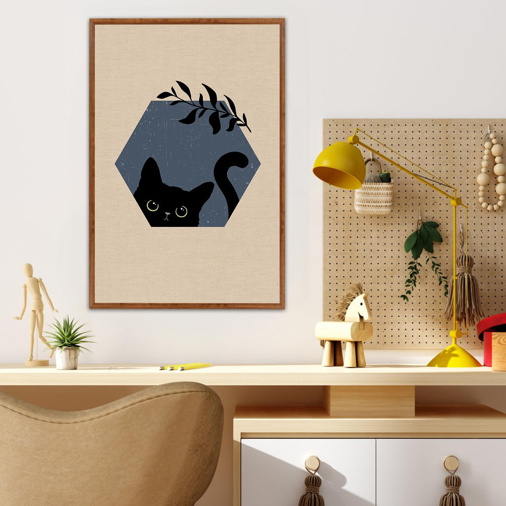 Boho Black Cat Framed Canvas Wall Art, Abstract Cute Animal Wall Decor, Modern Funny Kitty Painting, Beige Dark Leaves