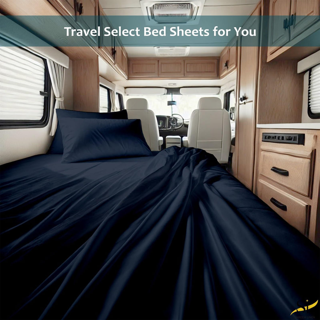 RV Bunk Sheets 28x75, 100% Egyptian Cotton 4-Piece Camper Bedding Set, Fits 10-12" Deep RV Mattress, Navy Blue