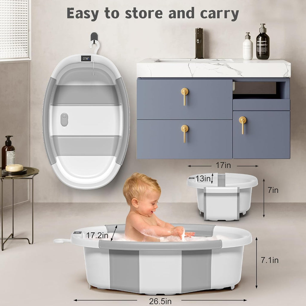 Collapsible Baby Bathtub for Newborn to Toddler 0-36 Months, Spacious Foldable Infant Bath Tub with Thermometer