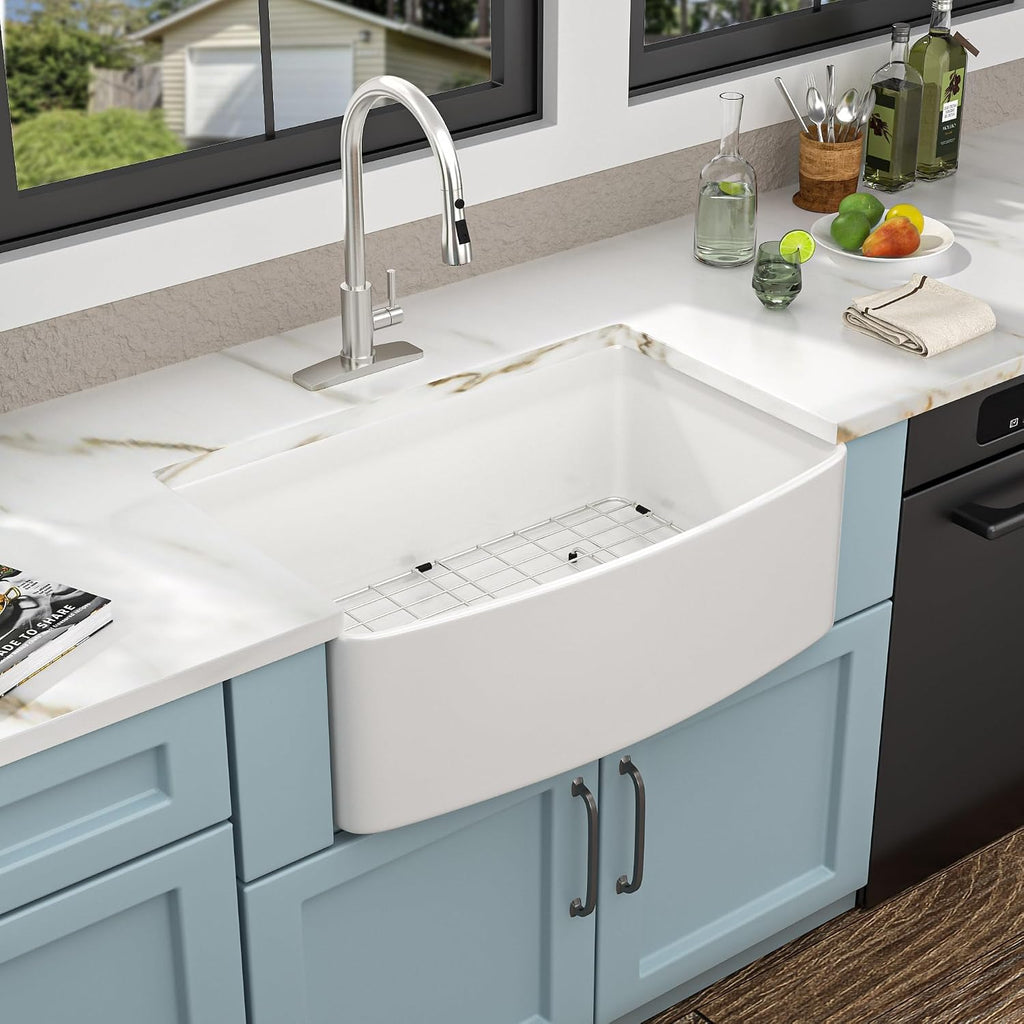 33"x19" White Farmhouse Kitchen Sink - Curved Farm Apron Front White Ceramic Porcelain Fireclay Deep Single Bowl Farm