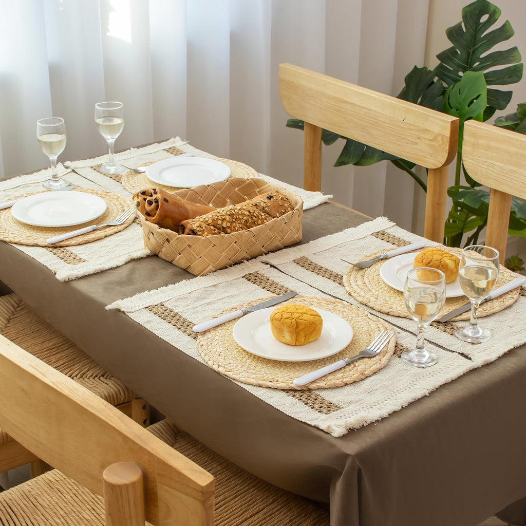Boho Table Runner & 6-Piece Woven Placemats Set - Natural Cotton Burlap & Water Straw Combination, Bohemian Dining - Set of 6