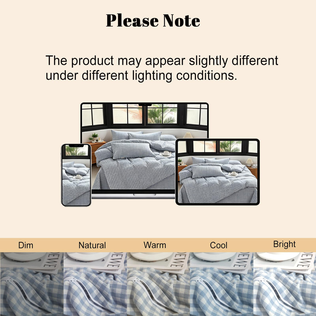 Blue Gingham Duvet Cover Set, 100% Washed Cotton Linen Like