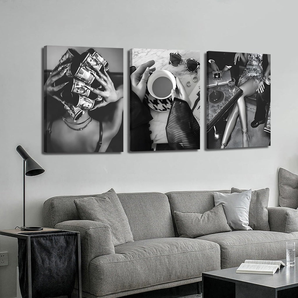 Trendy Black and White Wall Art Luxury Money Hair Rollers Girl Posters Prints Retro Bold Feminine Fashion Artwork