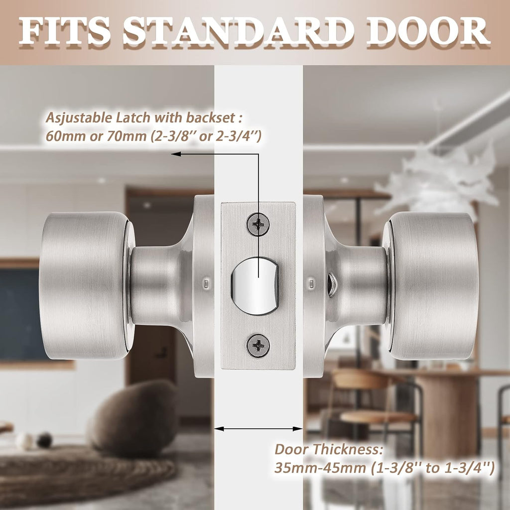 6 Pack Passage Door Knobs, Interior Keyless Knobs for Closet/Hall Non-Locking Door, Round Design Door Hardware in