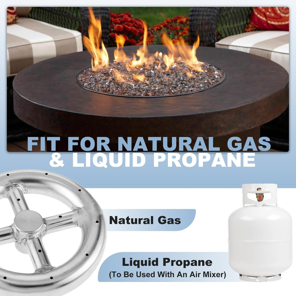 6" Round Fire Pit Burner Ring with Stainless Steel and Brass 1/2" Air Mixer, 90° Elbow Nozzle Sprayer Valve for