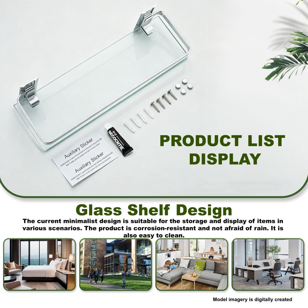 Bathroom Glass Shelf 15.7" Silver Wall-Mounted, Floating Metal Storage Rack