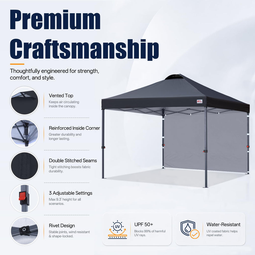 12x12 Durable Pop Up Canopy Tent with 1 Sidewall, Black