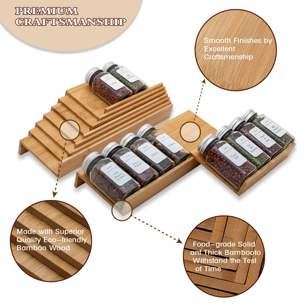 Bamboo Spice Rack Drawer Organizer - 8 Piece Set - 8" or 16" Wide