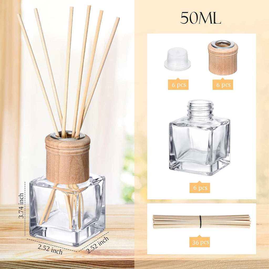 Set Reed Diffuser Bottles 50ml Glass Wooden Caps Rattan Sticks - Set of 6