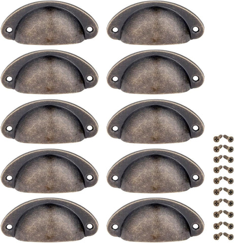 10PCS Antique Cabinet Cup Handles, Brass Drawer Pulls, Vintage Shell Shape Knobs Furniture Decoration, with Screws