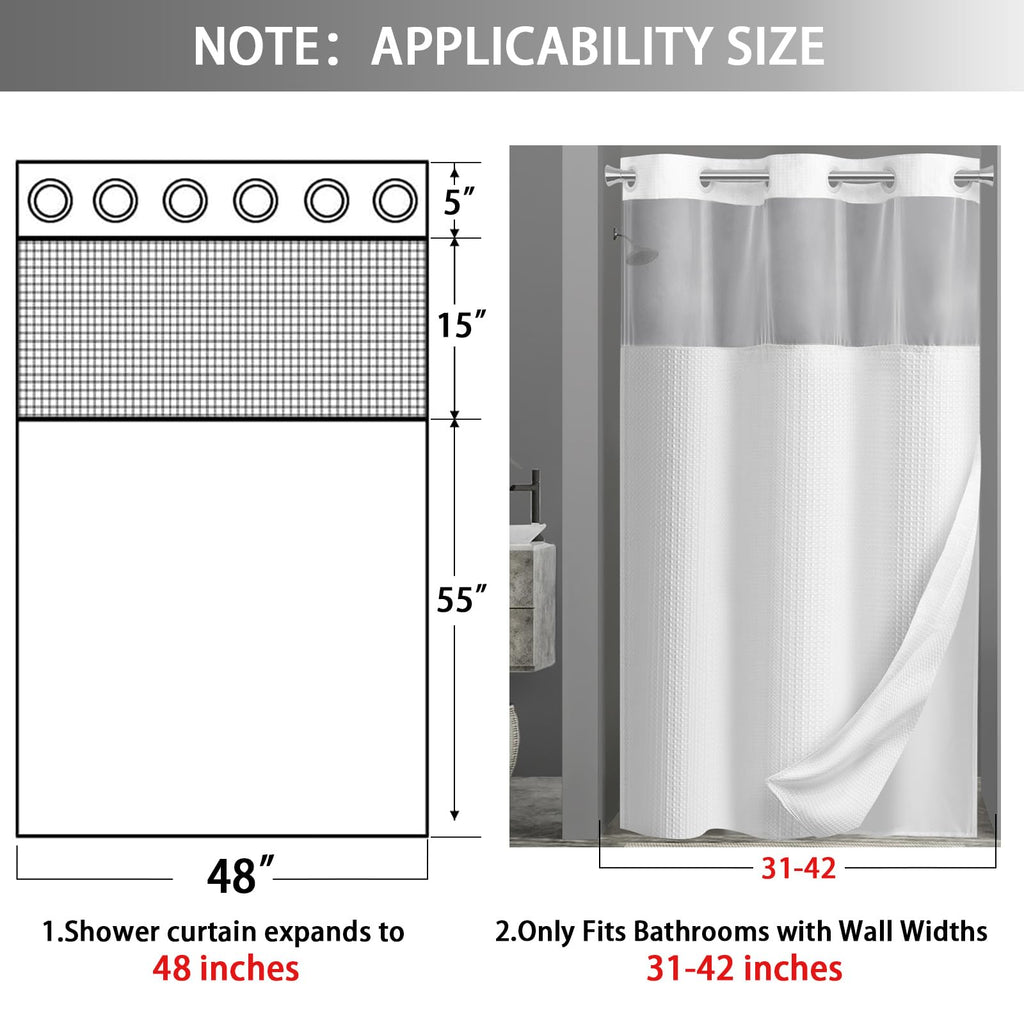 No Hook Shower Curtain with Liner Set Hotel Waffle Curtain White 48W X 75L