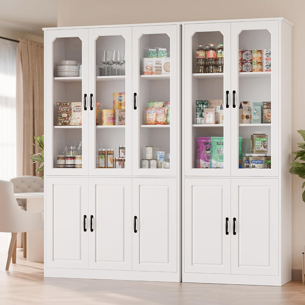 MU 78.7" Tall Kitchen Pantry with 3 Glass Doors, Freestanding China Cabinet with Adjustable Shelves, Large Kitchen