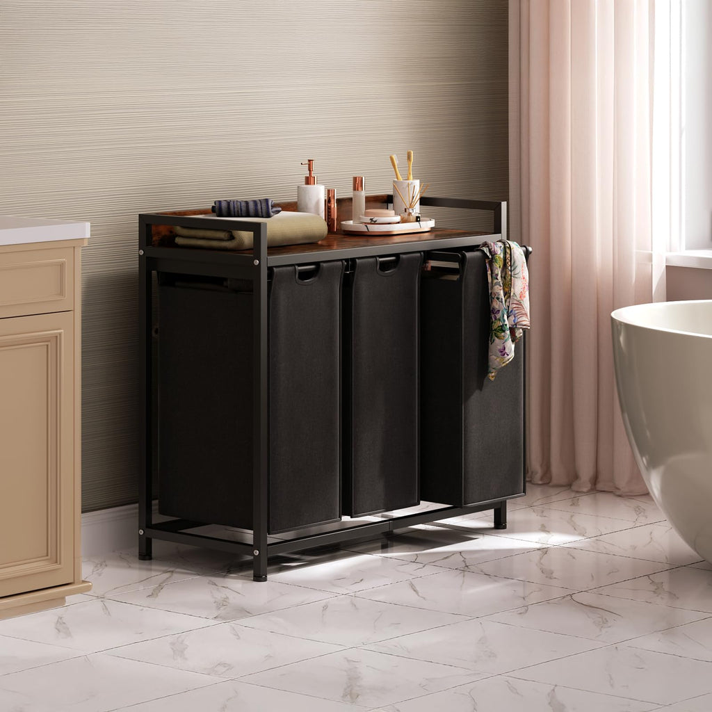 Laundry Hamper with Shelf, Laundry Basket 3 Section, Laundry Sorter with Pull-Out Removable Large Bags and Movable