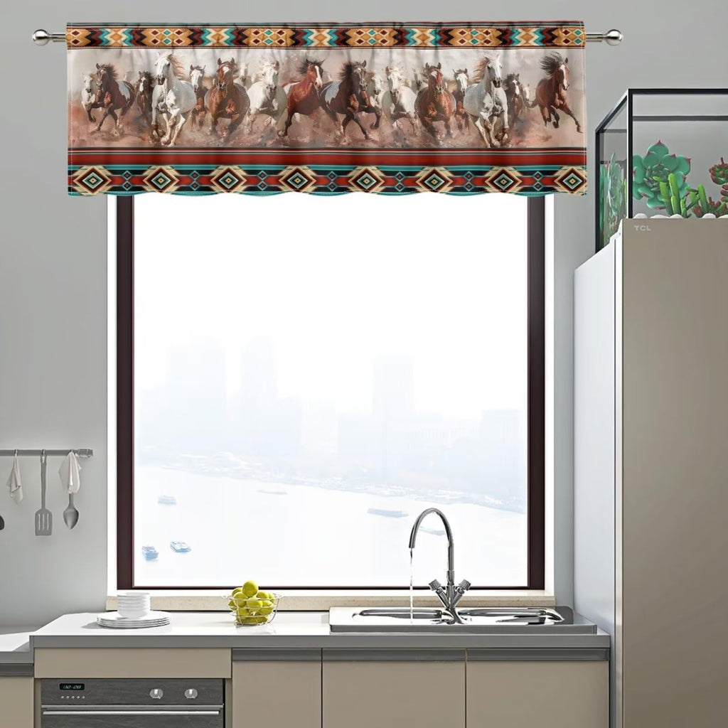 Western Horse Kitchen Valance Curtain for Small Windows Tribal Aztec Pocket Short Blackout Curtains Window Treatment