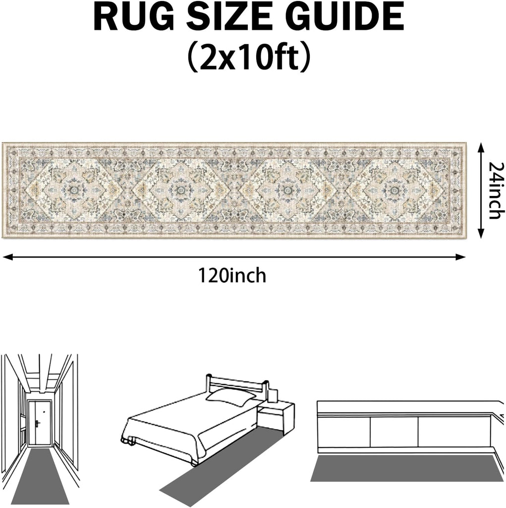 Boho Washable 2x10 Runner Rugs Beige Non Slip Low Pile Long Runner Rug, Stain Resistant Soft Faux Wo
