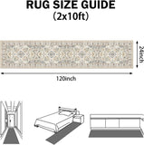 Boho Washable 2x10 Runner Rugs Beige Non Slip Low Pile Long Runner Rug, Stain Resistant Soft Faux Wo