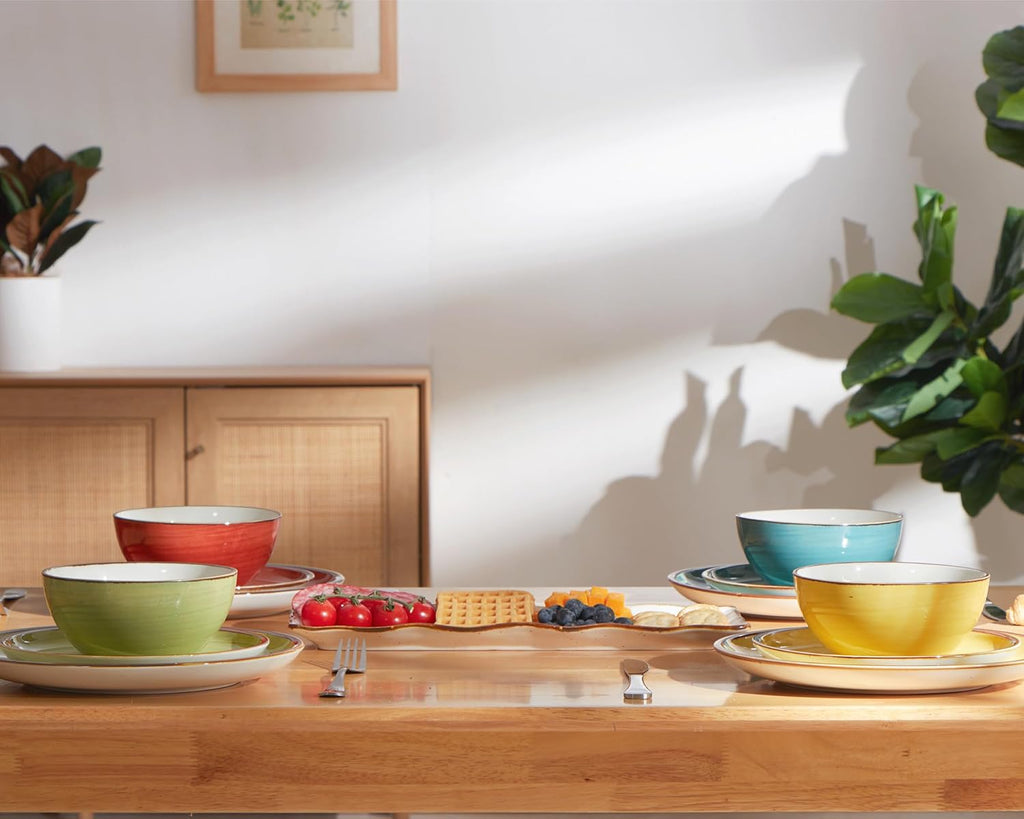 Plates and Bowls Set 12 Pcs,Stoneware Dinnerware Sets for 4 Microwavable,Oven & Dishwasher Safe Porcelain,Scratch