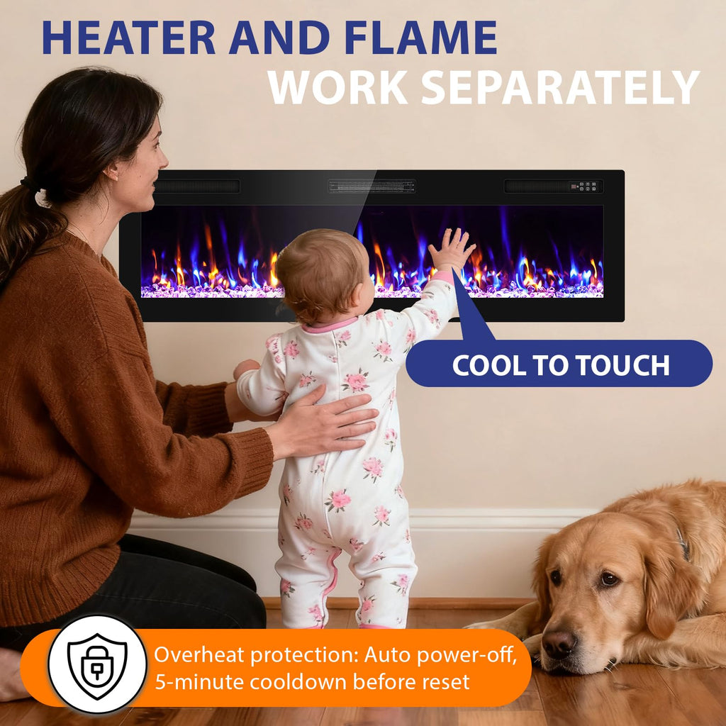 60" Electric Fireplace Recessed Wall Mounted, Ultra Thin Linear Fireplace Inserts, 12 Flame Colors, Timer, Remote &
