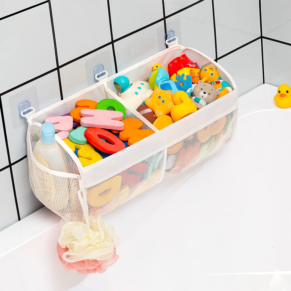 Original Two Compartment Easy-access Mesh Bath Toy Organizer for Bath Tub with Large Openings Quick Drying Cute