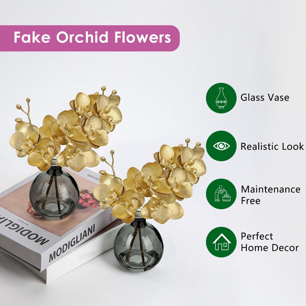 Gold Orchids Artificial Flowers Faux Orchid Arrangement with Black Glass Vase Set of 2 Real Touch Phalaenopsis Orchid