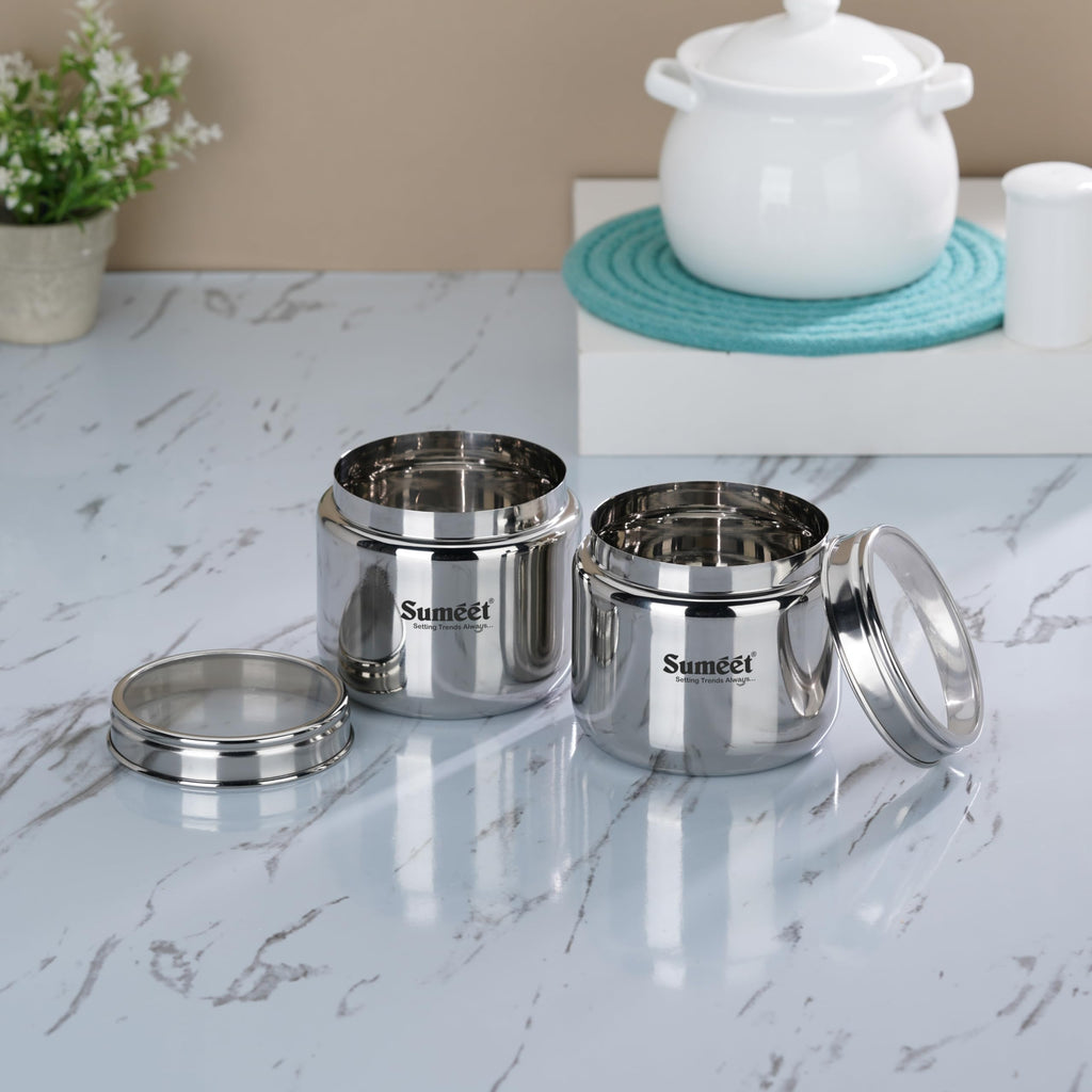 Silver Beni Shape Stainless Steel Canisters/Dabba/Storage Containers with See Through Lid, Set of 2 Pcs, 1.45L Each