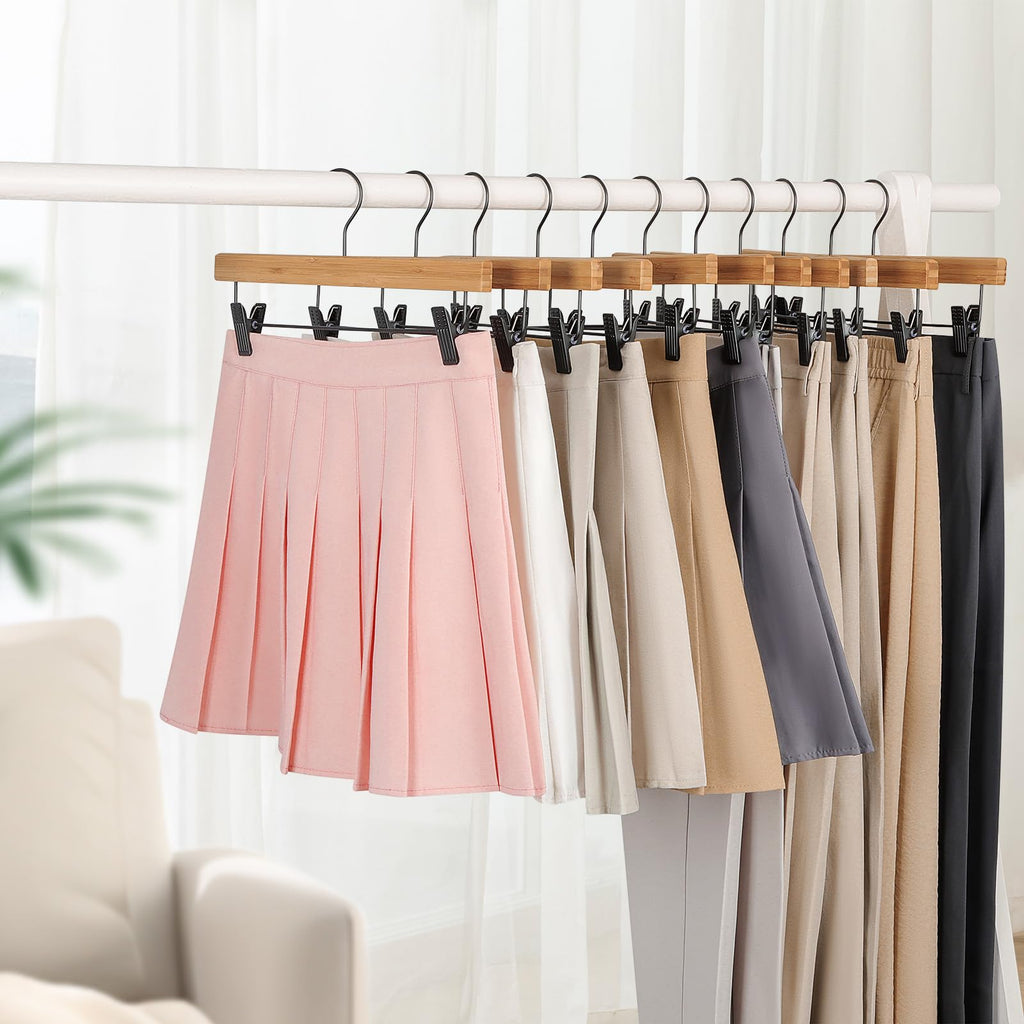 Pants Hangers 20 Pack, Bamboo Clothes Hangers with Black Clips and Rotatable Hook, Durable Natural Wooden Hangers for