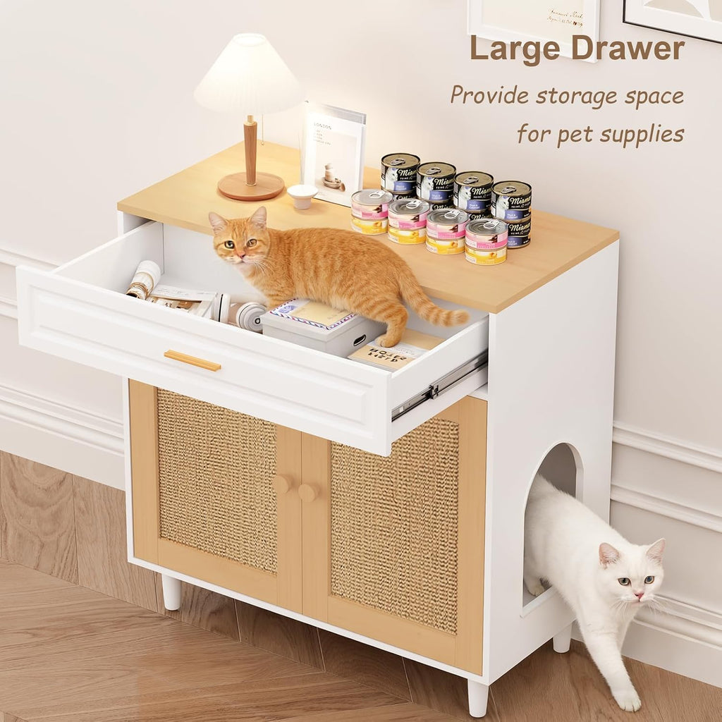 Cat Litter Box Enclosure, Hidden Litter Box Cabinet with Sisal Scratching Board Doors and Drawer, Dog Proof