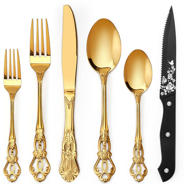 Gold Silverware Set For 8, 48-Piece Retro Royal Flatware Set for 8 with Anti-rust Silverware Steel Black Steak Knives