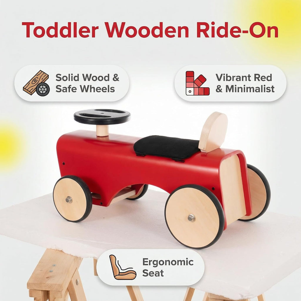 Retro Wooden Ride-On Tractor - 95% Pre-Assembled Toddler Balance Bike with Quiet Rubber Wheels & Limited Steering