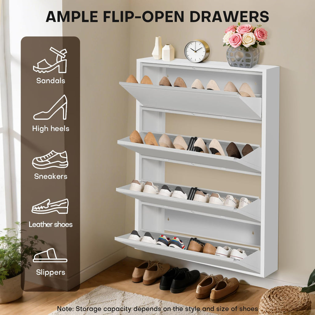 Shoe Storage Cabinet with 4 Flip Drawers, Hidden Slim Narrow Shoe Rack Cabinet, Wall Mount Metal Shoe Cabinet, White
