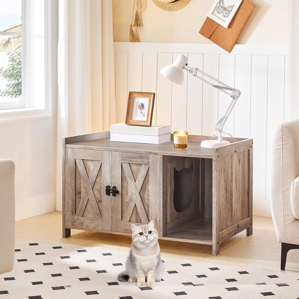 Cat Litter Box Enclosure, Hidden Litter Box Furniture with Divider, Indoor Cat House, Wooden Cat Washroom Storage