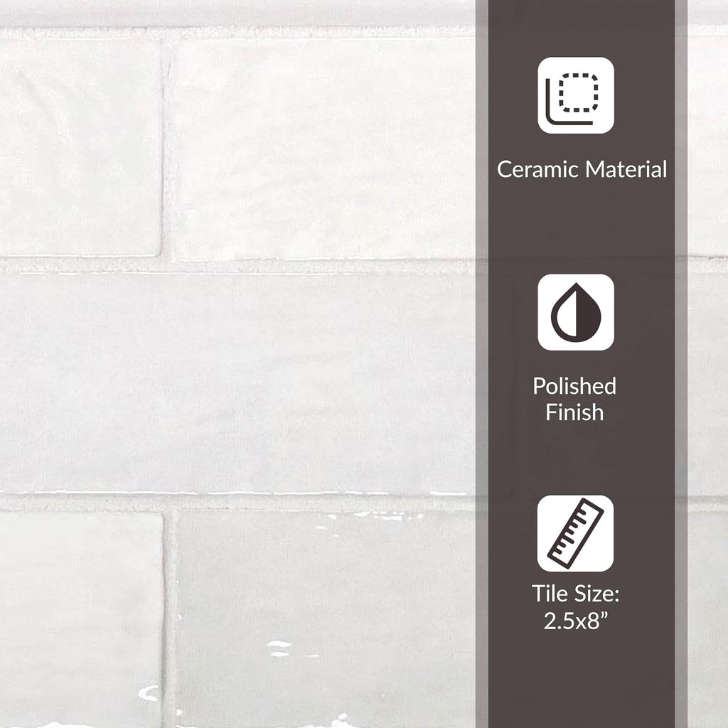 38-Pack 2.5 x 8-in. White Polished Ceramic Subway Wall Tile at 5.38 sq. ft. Per Case APLEC60, Ideal Home Improvement