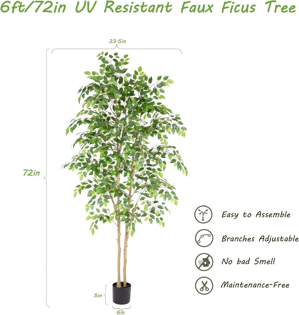 Tall UV Resistant Ficus Tree Artificial,6ft(72in) Faux Ficus Tree with Realistic Smooth and Shiny Leaves, Fake Trees