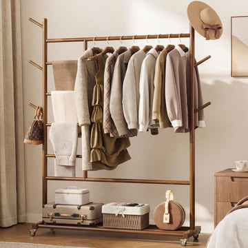 Solid Wood Clothing Rack, 4-in-1 Wooden Clothes Rack with Wheels