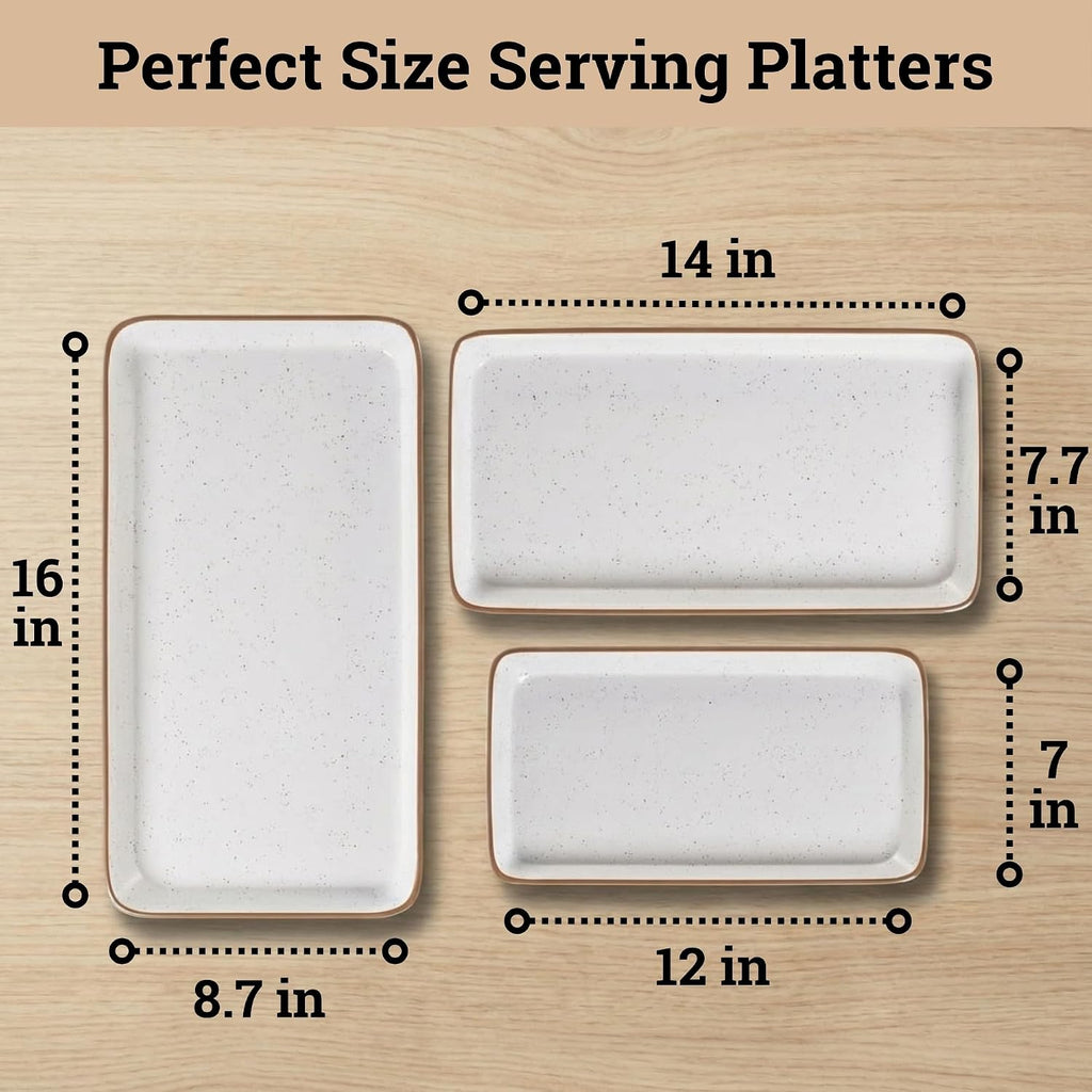 Ceramic Serving Platter Set of 3, Rectangular Plates, 16, 14, 12 inches | Thick Durable Ceramic, Stackable