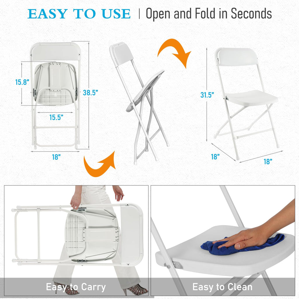 80 Pack White Plastic Folding Chairs with Steel Frame