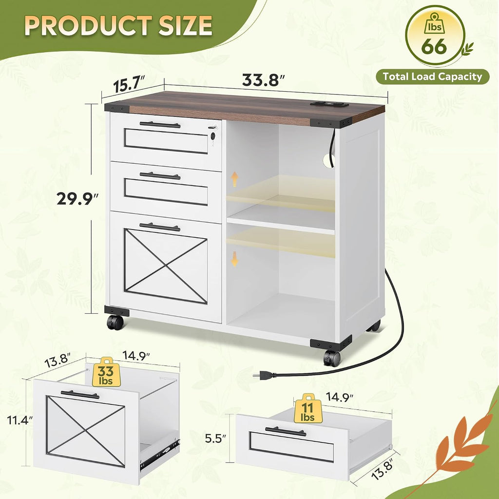 Wood File Cabinet with Charging Station,White | Mobile Lateral Filing Cabinet, Lock, Home Office, Printer Stand, Open