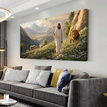 Fantasy Jesus White Robes Cane Wall Art Office Religion Art Deco Colorful Field Painting Prints Landscape Canvas