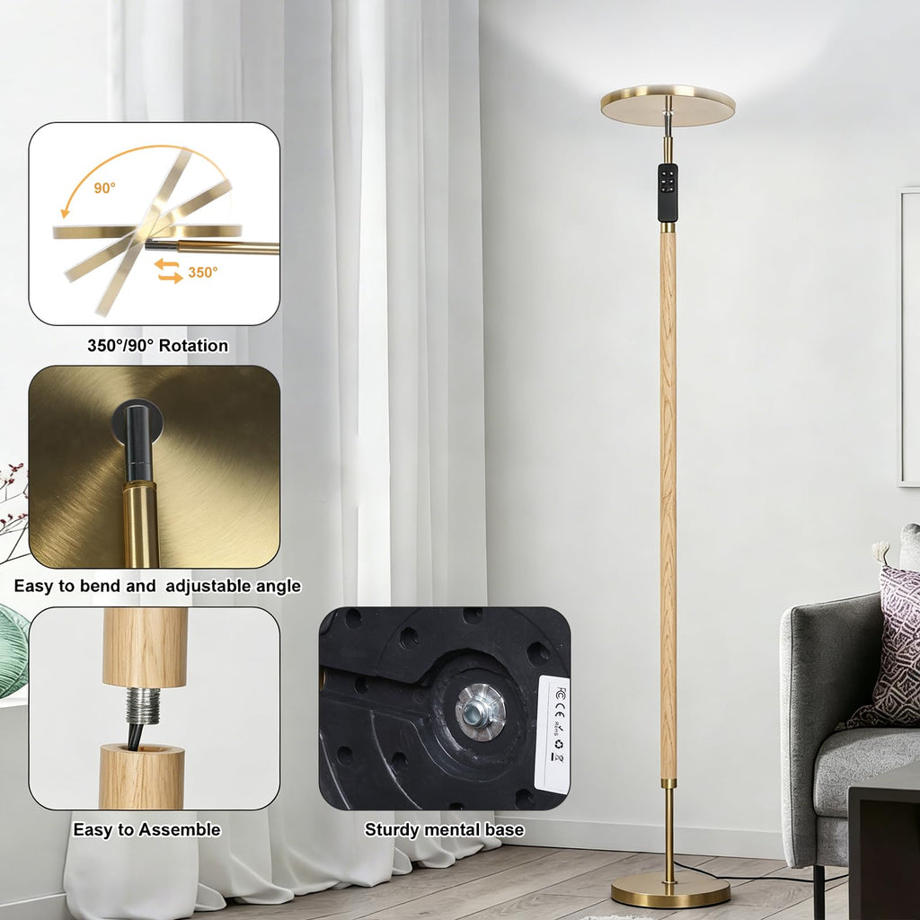 Solid Wood LED Torchiere Floor Lamp, 69" Dimmable Standing Lamp with Remote