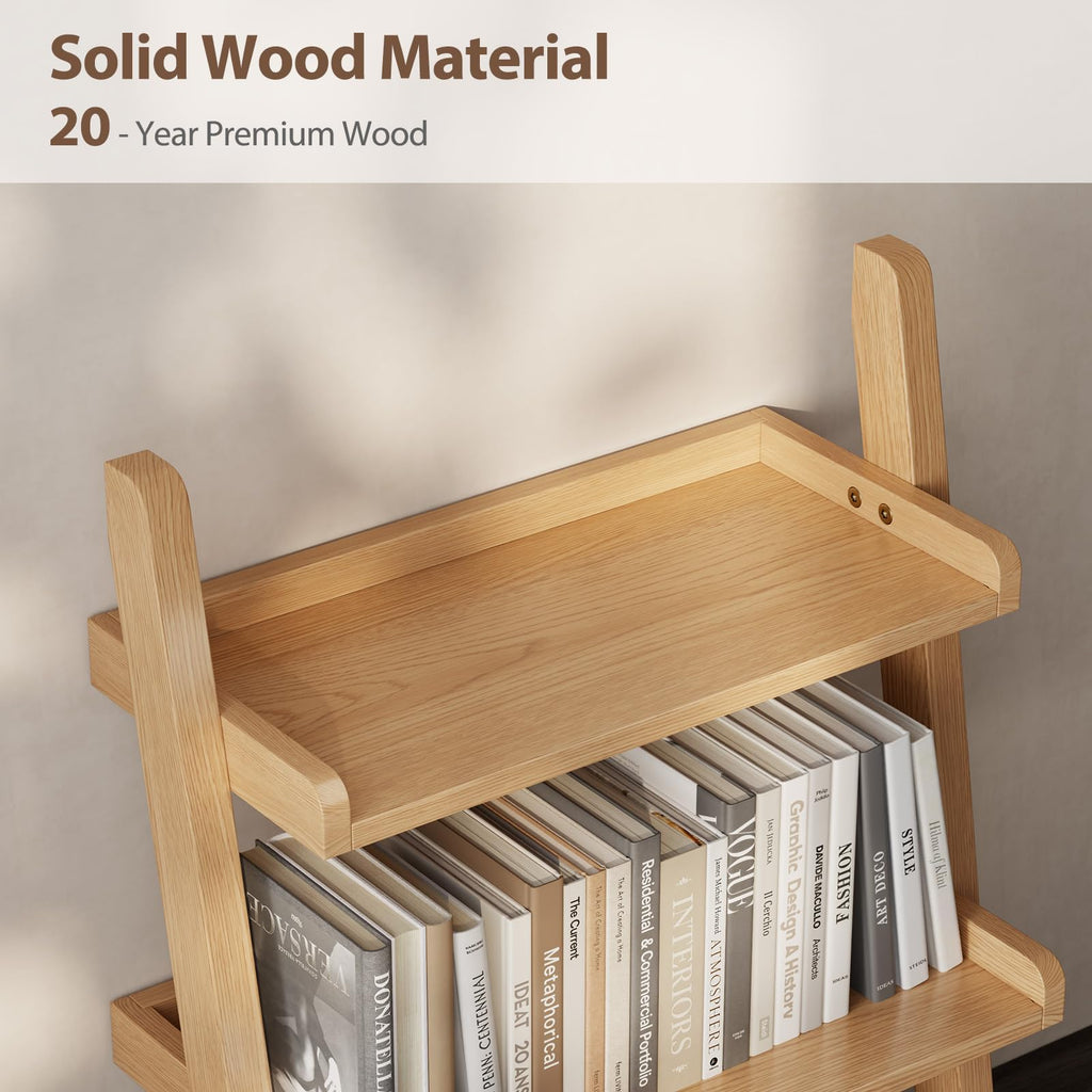 Solid Wood Ladder Shelf, Leaning Bookshelf, Natural, 3-Tier