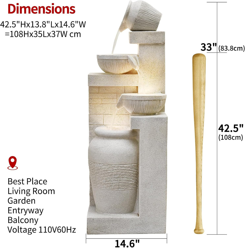 44" Outdoor Fountains and Waterfalls LED - Patio Water Fountains Outdoor for Outdoor Gardens Backyards Lawns Balconies