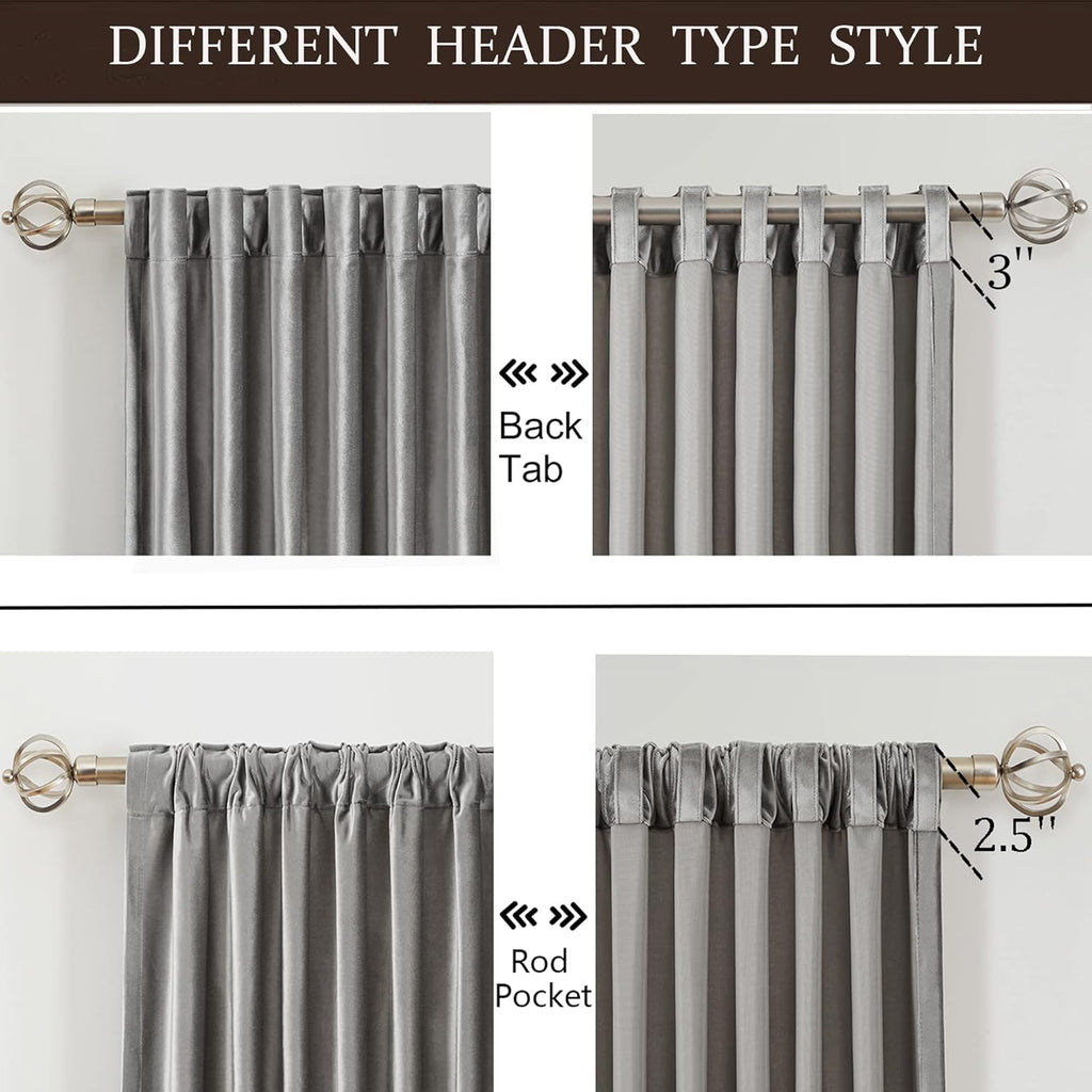 100% Full Blackout Silver Grey Velvet Curtains 96 inch Long,Set of 2 Panels Liner Rod Pocket Back Tab Thermal Window