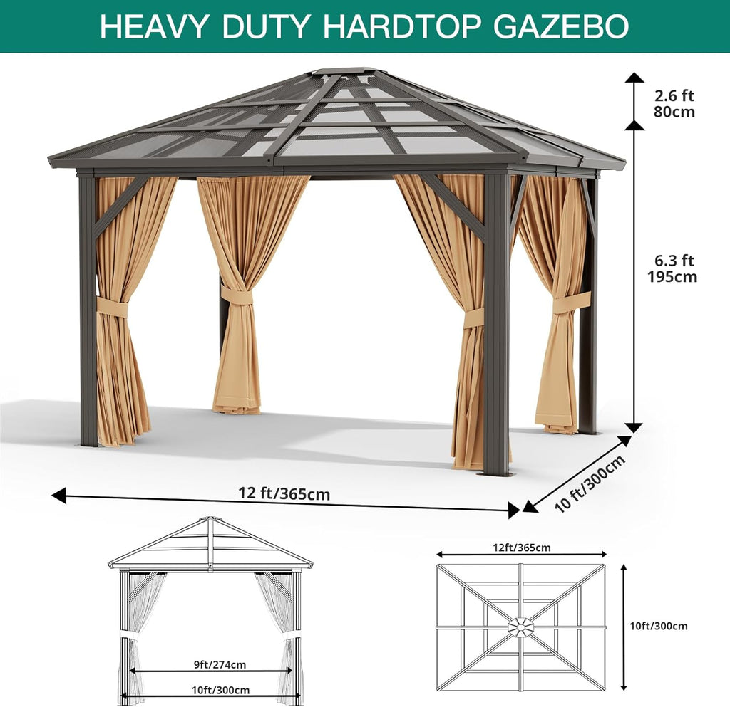 10x12ft Gazebo, Hardtop Outdoor Canopy Aluminum Frame Permanent Gazebo with Netting and Curtains