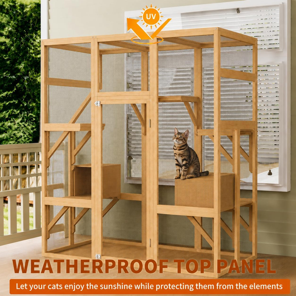 70" Large Catio Outdoor Cat Enclosure, Wooden Patio Cat House, Natural