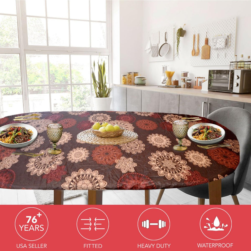 Flannel Backed Vinyl Fitted Tablecloth Oval Medallion