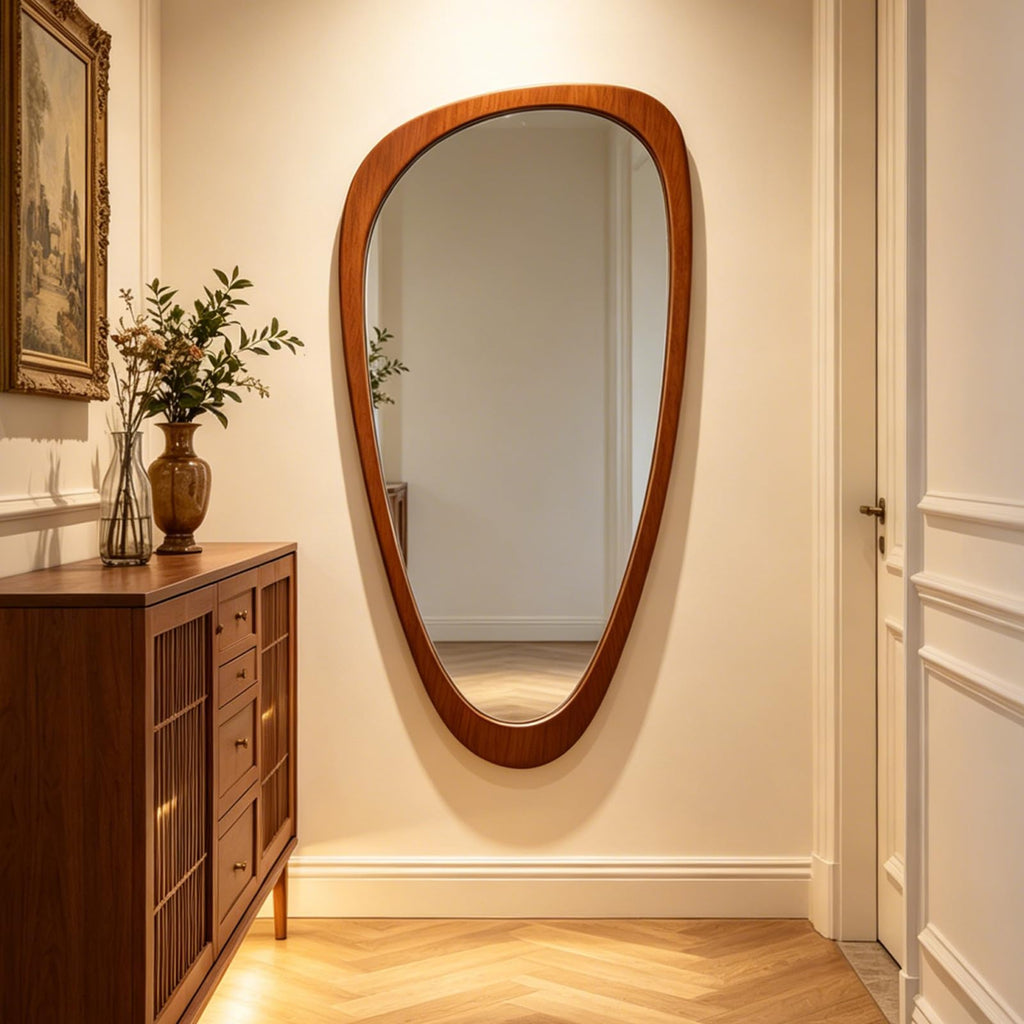 Asymmetrical Full Length Mirror, 48" H x 24" W Irregular Boho Decorative Wall Mirror, Mid Century Modern Wall Art