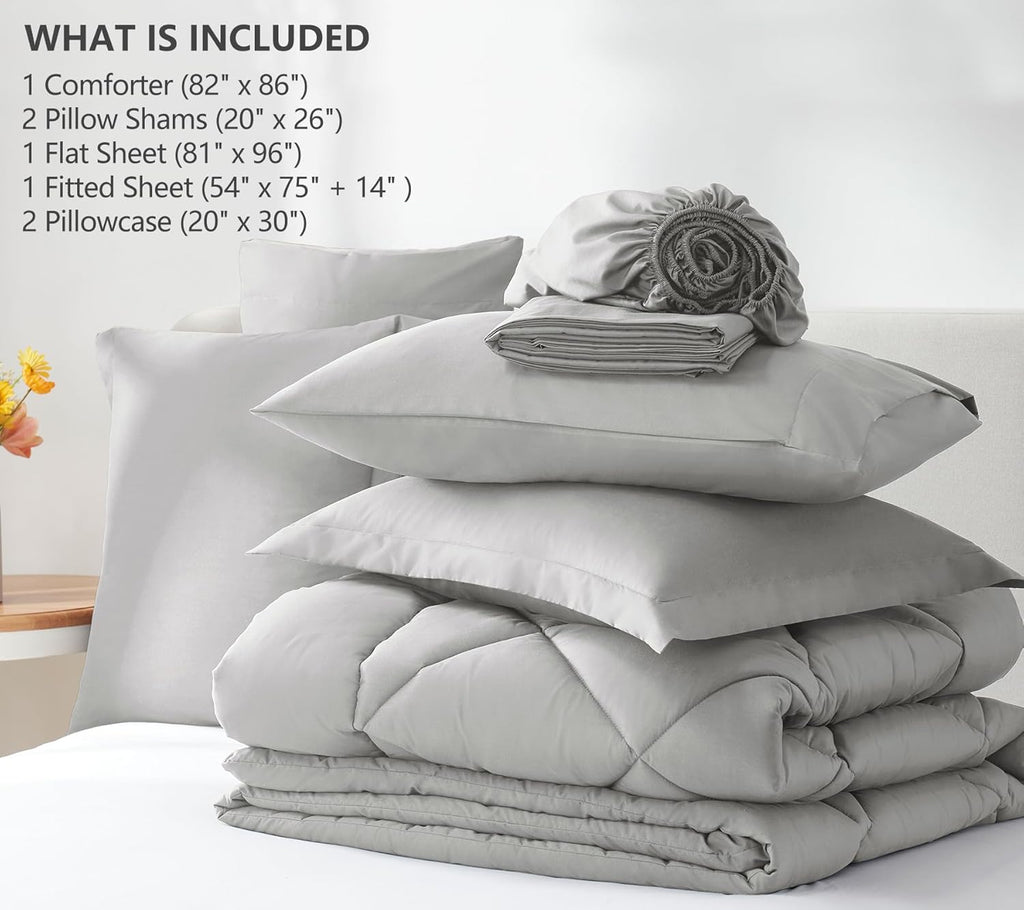 Full Comforter Sets Light Grey - 7 Pieces Bed in a Bag Full, Luxury Soft Bed Set for All Seasons